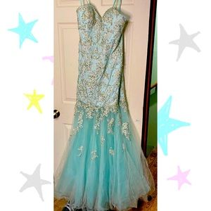 La Femme Light Blue Embellished Gown